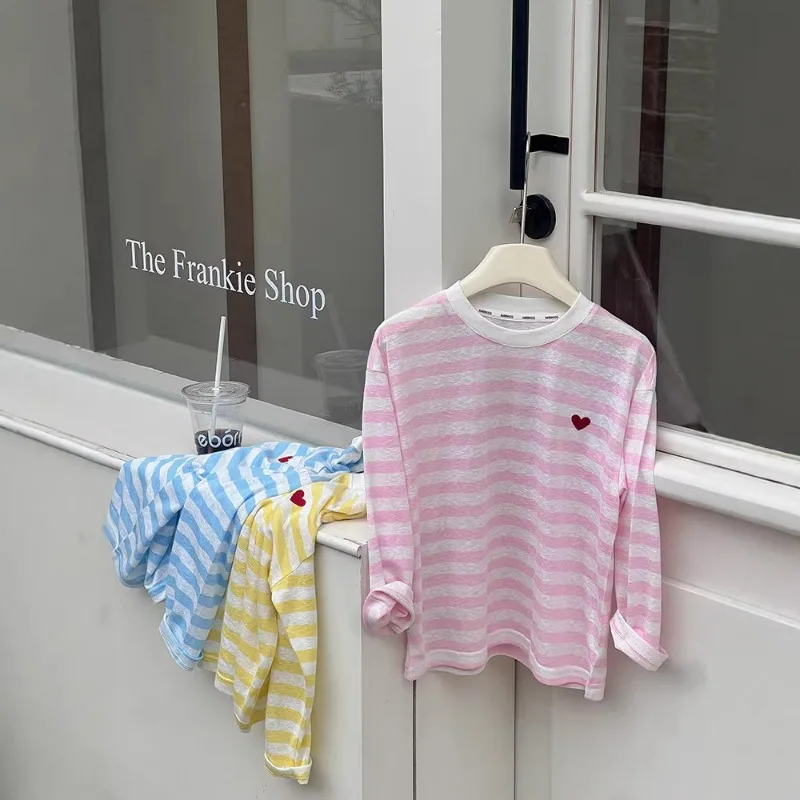 Lightweight Kids Long‑Sleeve Top Toddler Girls Contrast‑Color Heart Print Striped Anti‑UV Sun‑Protection Air‑Condition Cardigan