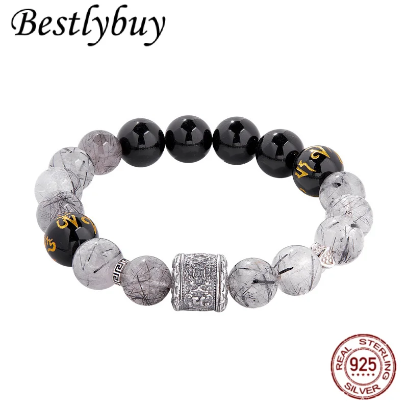 

Новый браслет из чистого серебра S925, шесть символов, мантра, обсидиан, браслет из бисера, мужские ретро-браслеты из натурального камня, элитные ювелирные изделия