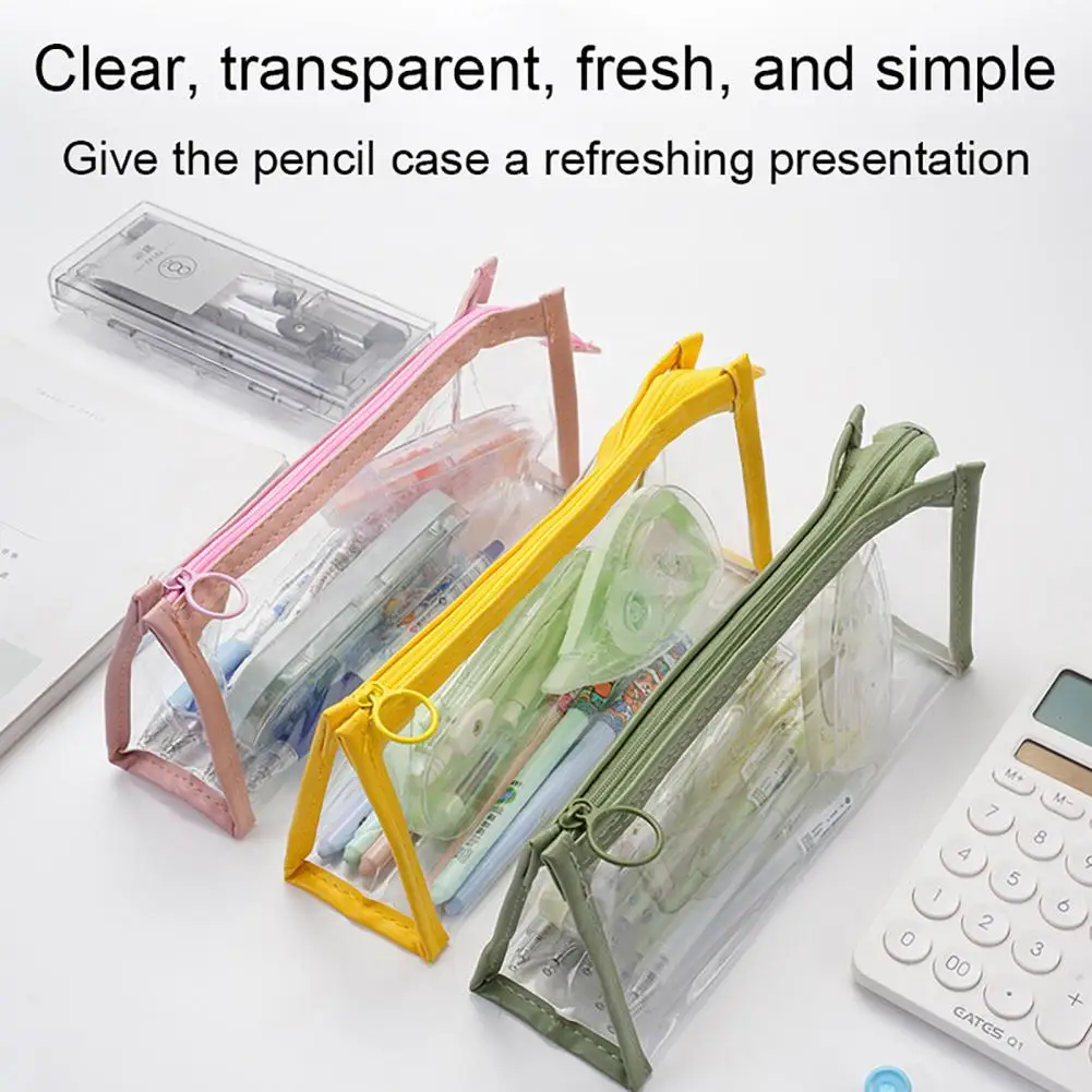 Bolsa de lápis de cor sólida, transparente, com zíper, à prova d'água, armazenamento de maquiagem, estudantes, papelaria para escola