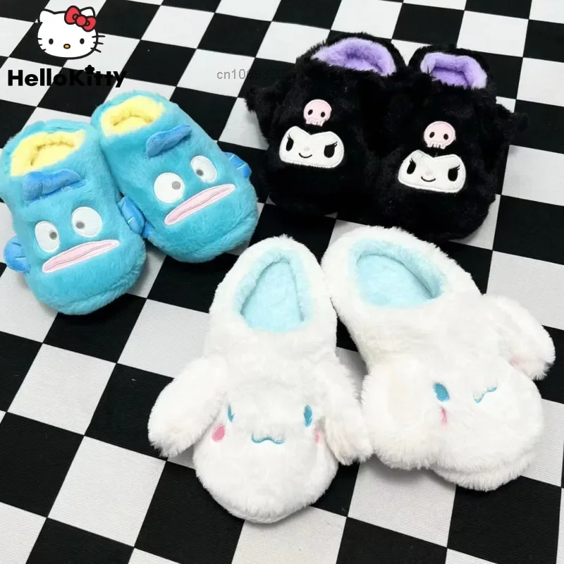 Sanrio melodia słodkie pluszowe zagęszczone puszyste kapcie Y2k Kawaii Cartoon Hangyodon Kuromi domowe buty termiczne Mop podłogowy