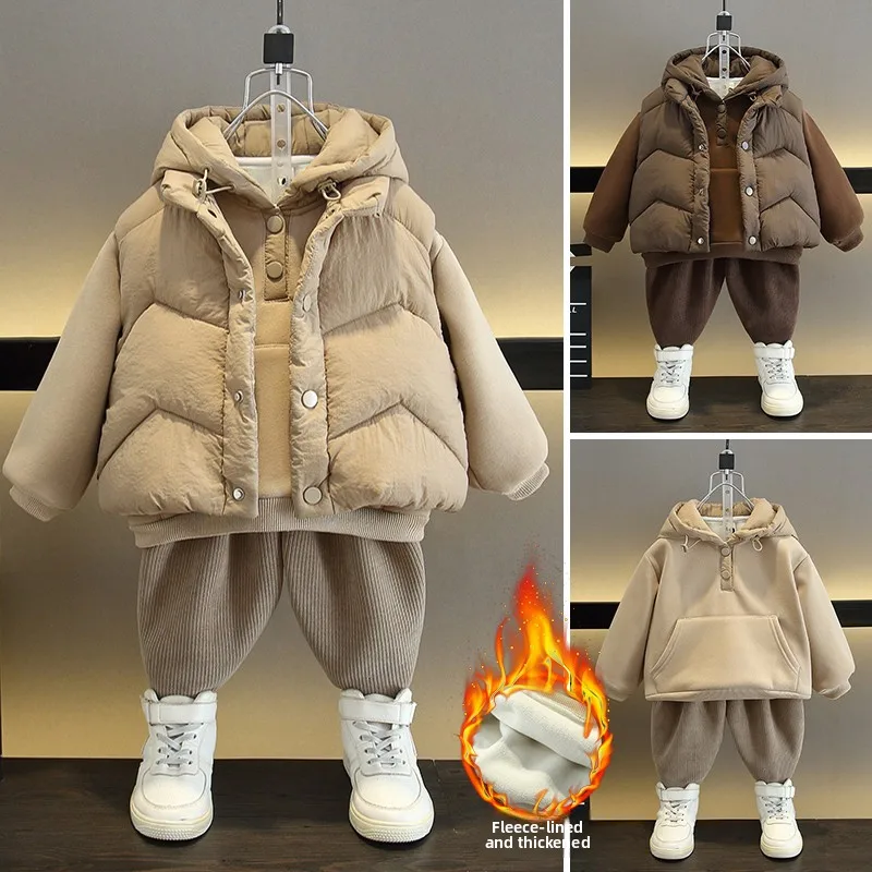 

Утепленный флисовый хлопковый жилет-куртка с капюшоном, комплект из трех предметов для мальчиков: теплая и уютная зимняя одежда, модный детский наряд