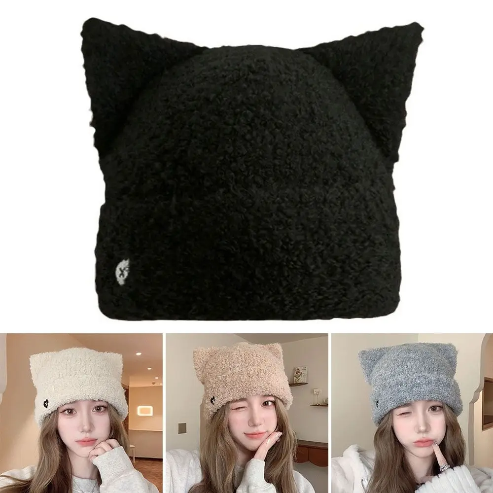 

Outdoor Cute Cat Ear Beanie Hat Fluffy Cold-proof Earmuffs Cap Windproof Warm Pullover Hats for Women