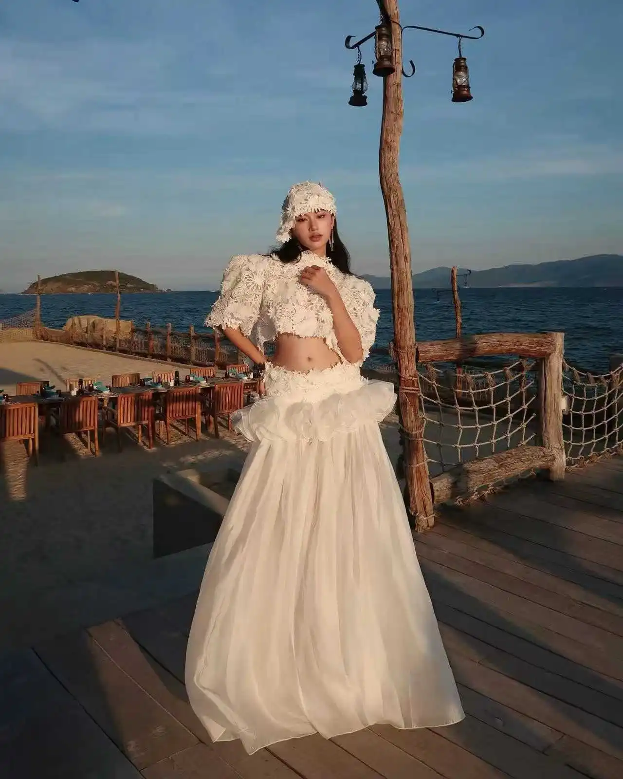 High Quality 3D Floral Lace Two Piece Set Back Bow Short Sleeve Crop Top Ruffle Waist Chiffon Maxi Long Skirt Women Dress Set