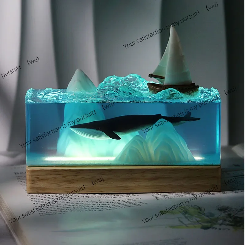 Resin desk lamp with the theme of marine animal interaction, creative art, beautiful night light, USB charging