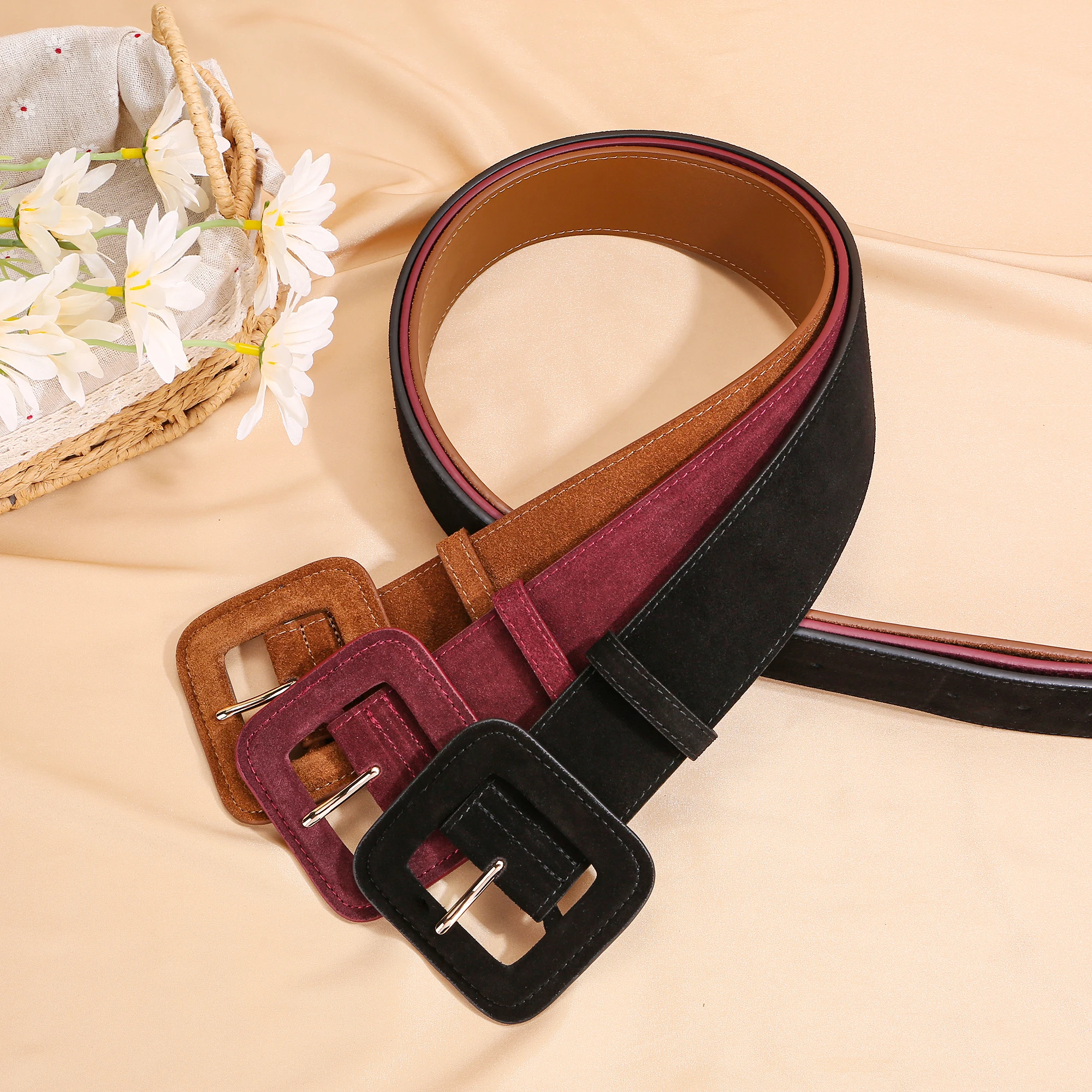 Fashion 4.8 width women's belt cowhide Suede Stitched Edge Self-Covered Buckle Belt suitable for coat luxury decoration