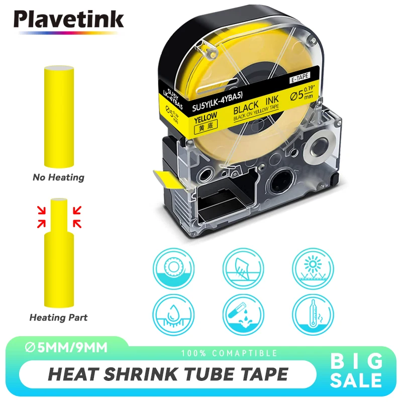 PLAVETINK Yellow 9mm Heat Shrink Tube Tape Compatible Epson SU5Y Kingjim LA-4YBA5 Printable Heat Shrink Tape ∅5mm for Epson