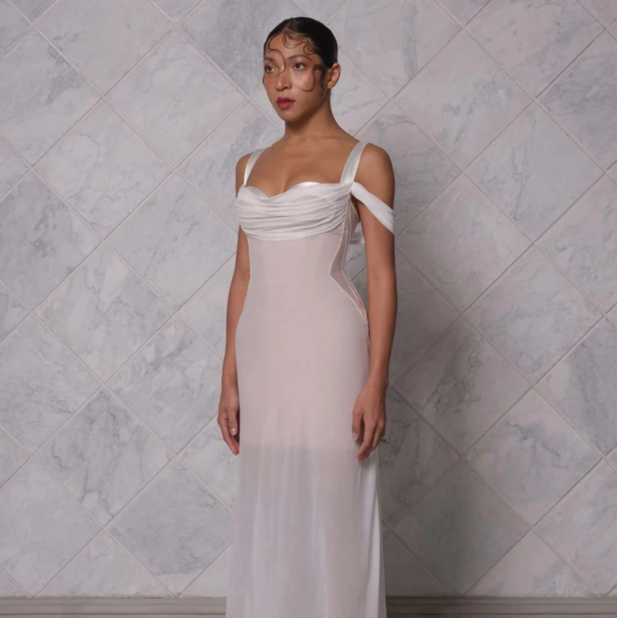 Sexy dames hoge kwaliteit retro one-line schouder met blote schouders lichte luxe satijnen lange jurk elegante avondfeestjurk