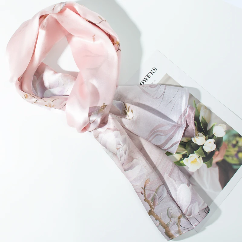 

100% Mulberry Silk Women's Scarf, Pink Magnolia Print Long Scarf, Pure Color, Smooth Touch