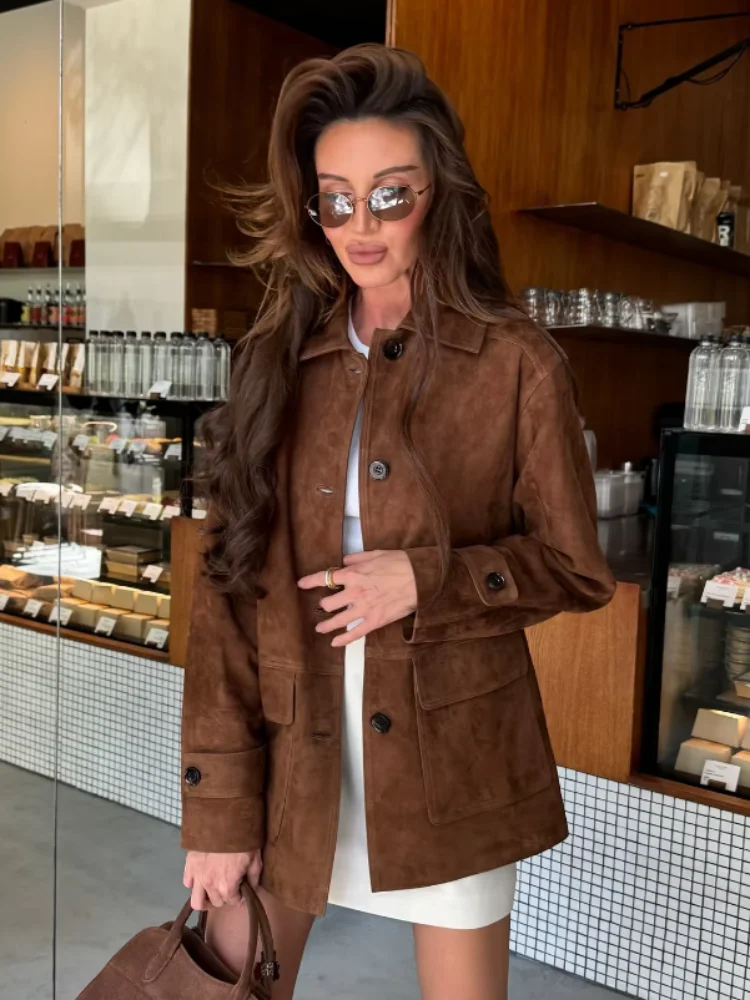 Women Retro Brown Lapel Suede Jacket Fashion Full Sleeve Single Breasted Pockets Loose Jackets 2025 