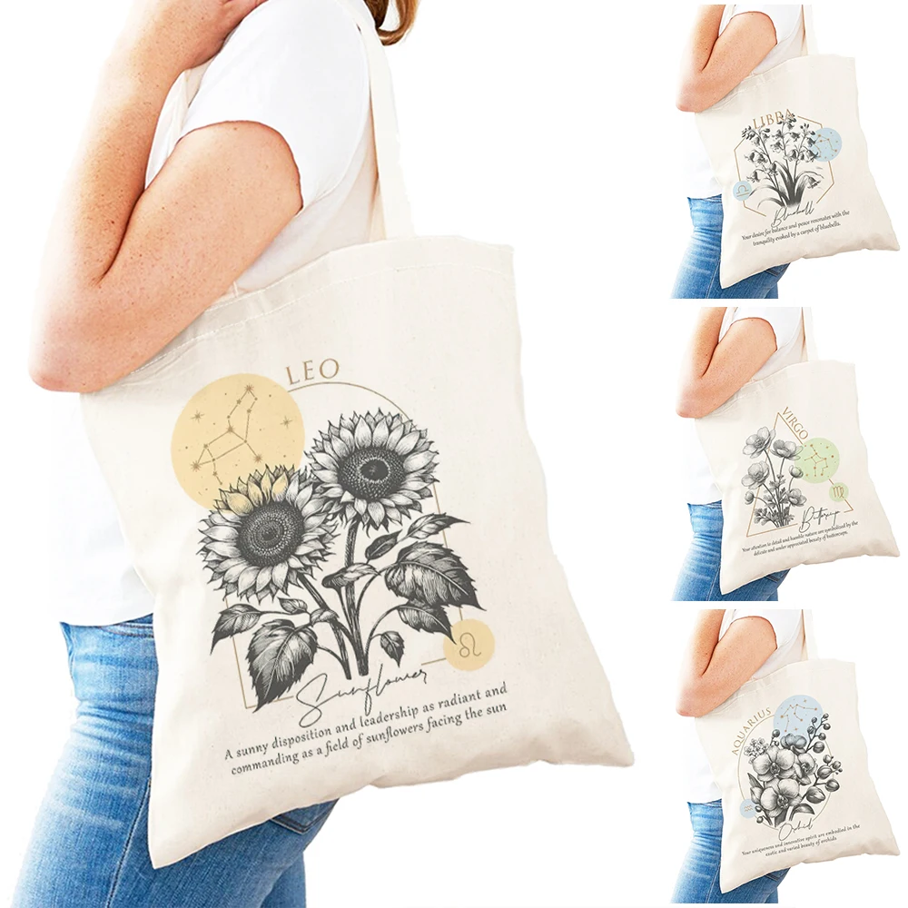 

Vintage Floral Lady Daily Use Shoulder Handbag Lightweight Astrology Themed Women Shopping Bags Constellation Girl Shopper Bag