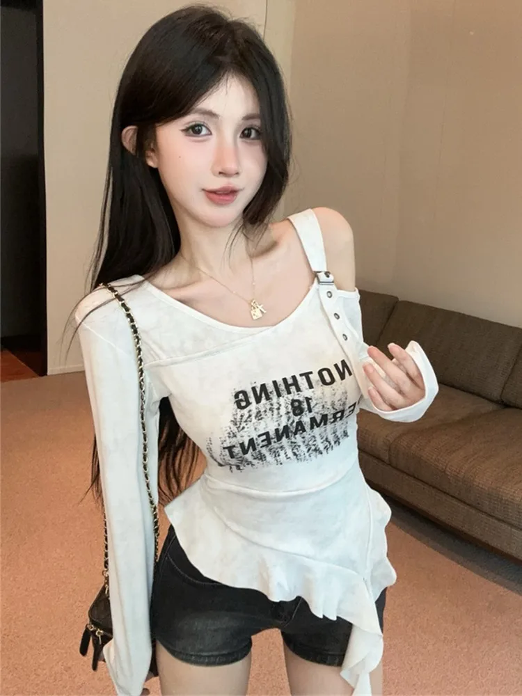 

Sweet Shoulder Bared Long Sleeve T Shirt Women's Spring Summer Slim Fit High Waist Asymmetrical Hem Letter Splicing Top