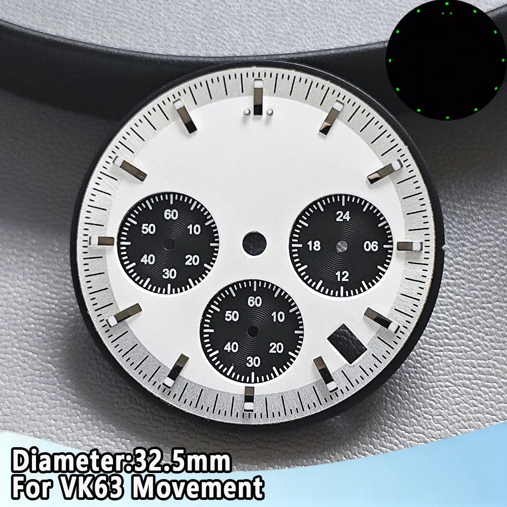 VK63 Dial 32.5mm C3 Green Luminous Chronograph Dial For VK63 Movement Fit For Speed Master High Quality Wristwatch Sterile Dial