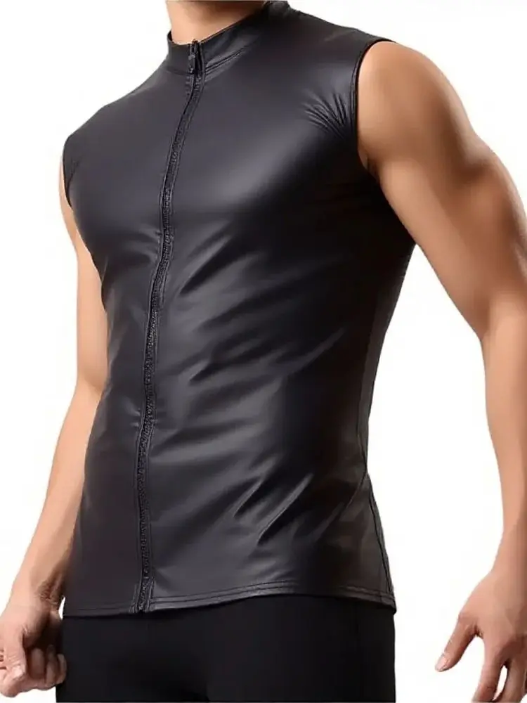 S-5XL Faux PU Leather Tank Top Sleeveless Zipper Muscle Shirt Vest Tights Stage Performance Motor Tanktop Gym Fitness Waistcoat