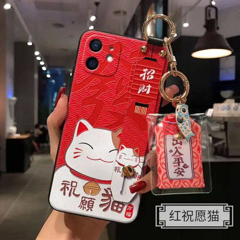 Luxury Embossed Lucky Cat Protection Case for iPhone 11 12 13 ProMax Mini XR XS Wristband Bracket Hanging Decoration Back Cover image 4