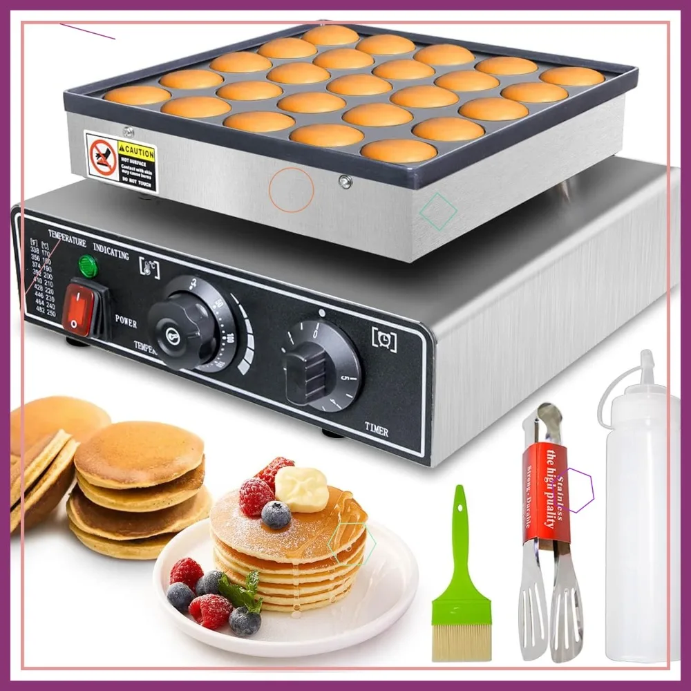

Commercial Mini Pancake Maker 25pcs, Dutch Poffertjes Baker, Electric Dorayaki Maker, Stainless Steel, Temp & Time Control, 110V