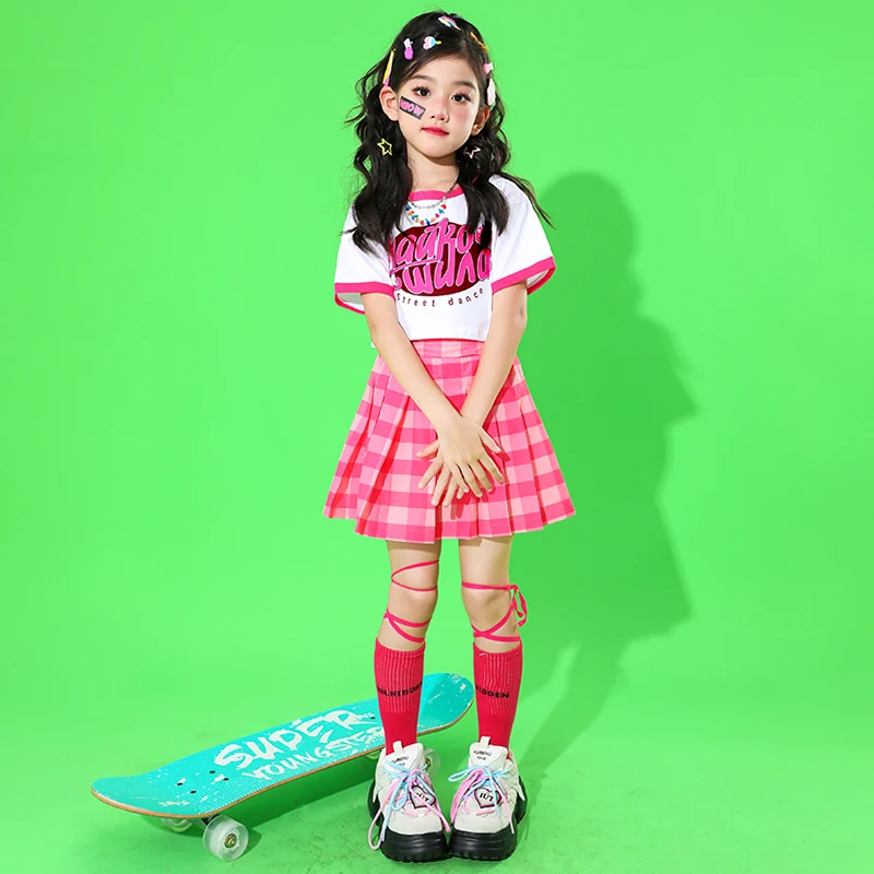 Teen Girls Clothes Sets Summer Short Sleeve T Shirt Crop Top Plaid Skirt 2pcs Suit Kids Outfits Fashion Pink Children Costumes