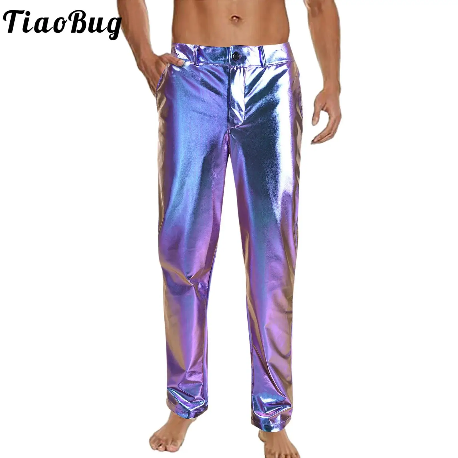 

Men 80s Disco Metallic Shiny Trousers Straight Leg Side Pockets Pants Dance Performance Costumes for Clubbing Jazz Rock Dance