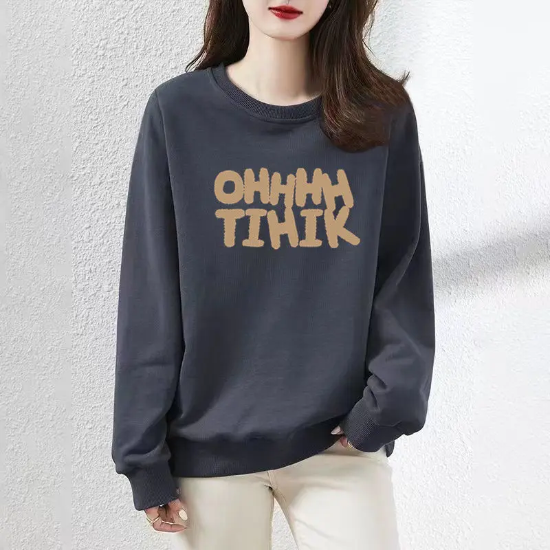 Simplicity Casual Autumn Winter Women O-Neck Letter Printing Korean Fashion Trend Versatile Loose Long Sleeve Sweatshirts Tops