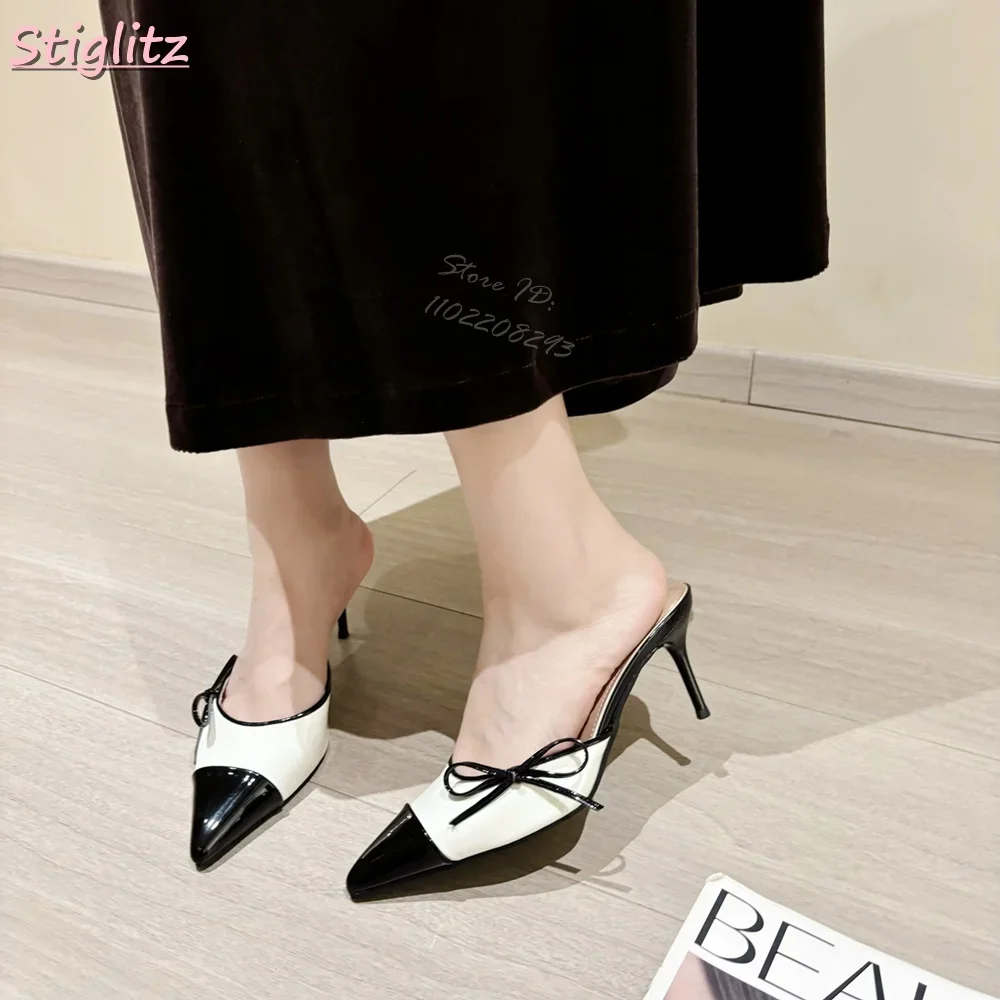 

Лоскутные тапочки с узлом-бабочкой, элегантные женские модельные туфли-лодочки на тонком высоком каблуке с острым носком, новинка 2023 года, на шпильке