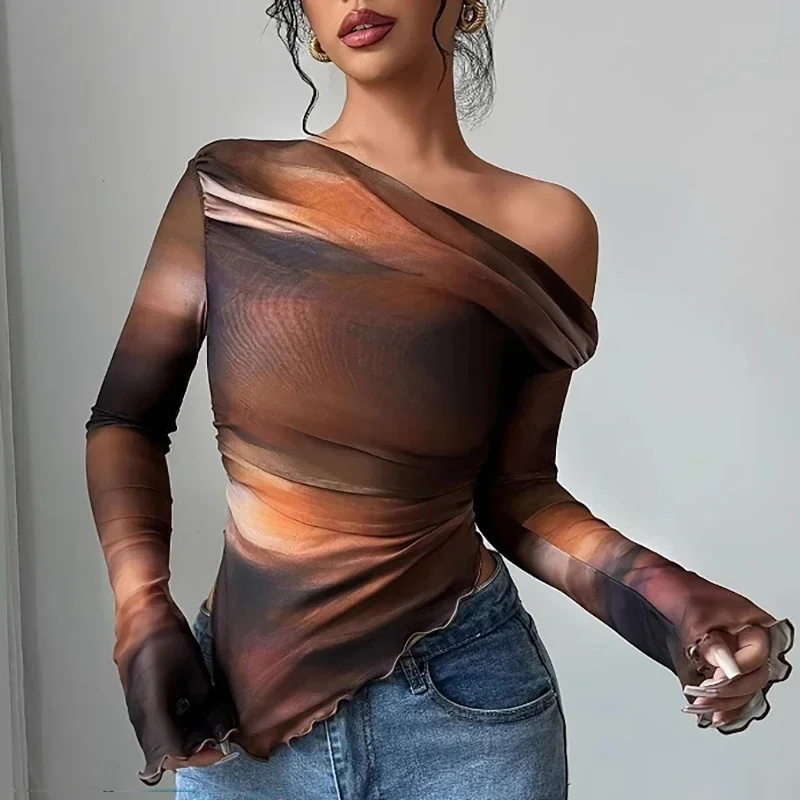 

Сексуальная футболка с длинным рукавом, женские короткие топы с разрезом на шее и принтом, женские элегантные тонкие футболки, женские футболки, весенне-летняя рубашка