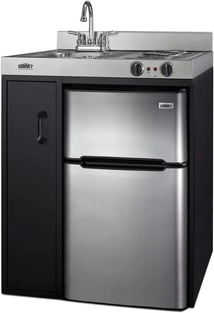 

C30ELBK 30" Wide All-in-One Kitchenette in Black with a 2-Burner 115V Coil Cooktop, 2-Door Refrigerator-Freezer, Sink, and Large