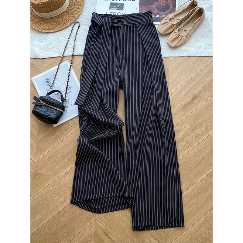 New Korean Black Wide-leg Pants Women's Commuter Retro Striped Straight Suit Pants Woman Loose Casual All-match Ladies Trousers