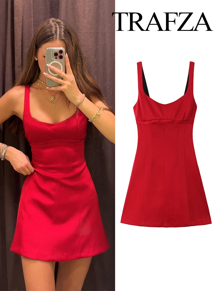 TRAFZA Women\'s Sexy Fashion Red Square Collar Open Silk Satin Texture Mini Dress Female Elegant Sleeveless Backless Zipper Dress