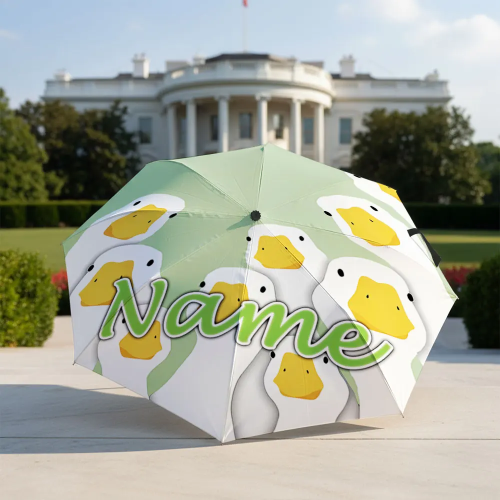 Custom Name Umbrella Group Of White Geese Simple Cartoon Animal Print Folding Umbrella Compact Portable Travel Parasol