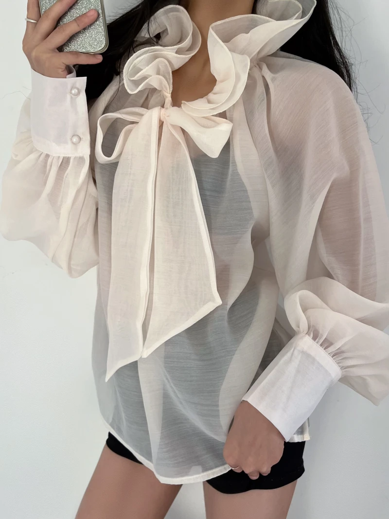 French High-End Long Sleeved Shirt For Women In Spring And Autumn, With Ruffle Edge Straps, Loose And Chic Shirt
