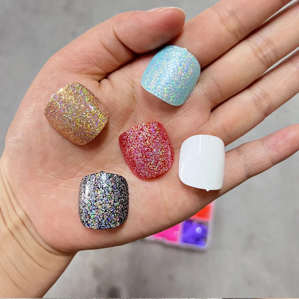 24*12=288 sztuk czarny laserowy brokat sztuczne paznokcie błyszczące laserowe złoto/francuski owalne krótkie kwadratowe sztuczne paznokcie mieszane naciśnij na paznokcie