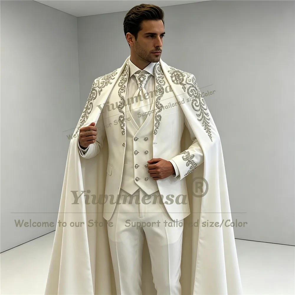 Italian Design Wedding Groom Tuxedo Suit Formal Wear Beaded Stones Jacket Vest Pants With Long Cape Customized Man Party Clothes