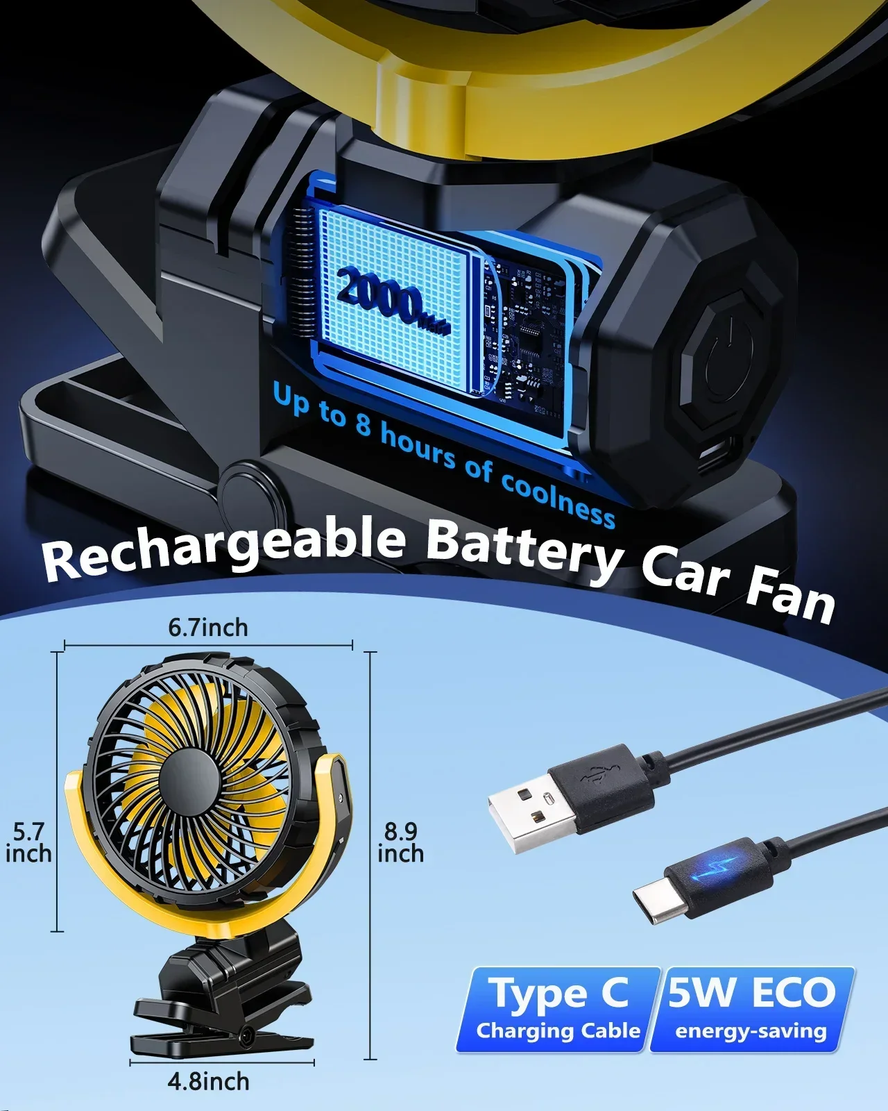 مشبك سيارة محمول من إياري على مروحة بطارية 2000 مللي أمبير في الساعة قوية 3 سرعات هادئة 900 ° تدوير مروحة تبريد صغيرة قابلة لإعادة الشحن عبر USB للسيارة الإلكترونية #4