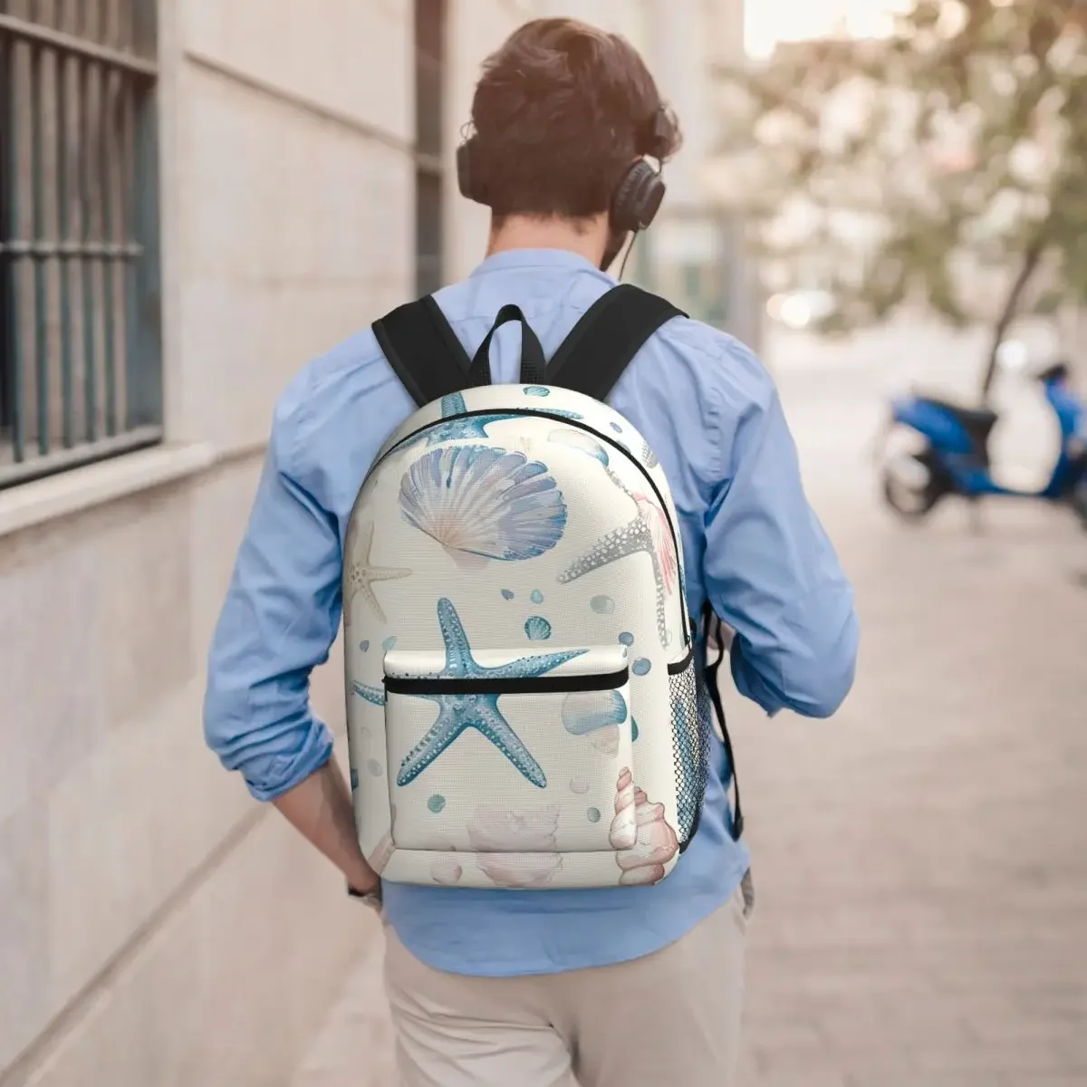Beachthemed Starfish Shell Pattern Backpack Student BookBag Children School Bag Laptop Shoulder Bags for Men Women