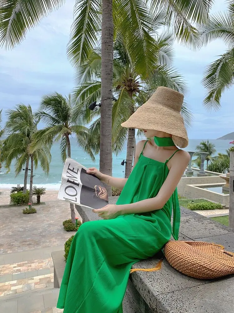 

Комбинезон женский с поясом, зеленый однотонный пляжный комбинезон на подтяжках с широкими штанинами, праздничные тропические слитные брюки в богемном стиле