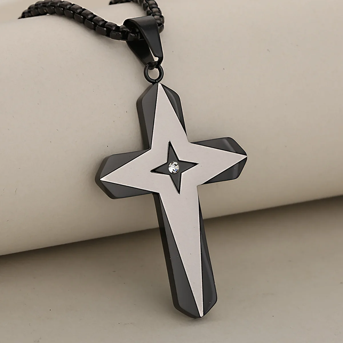 

Premium Texture Four-Pointed Star Cut Stone Inlaid Stainless Steel Cross Pendant Necklace For Men And Women, Daily Stunning