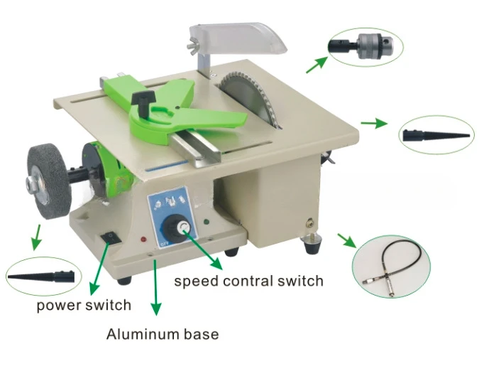 Miniature multifunctional table saw drilling machine, aluminum base double switch, mini desktop cutting machine