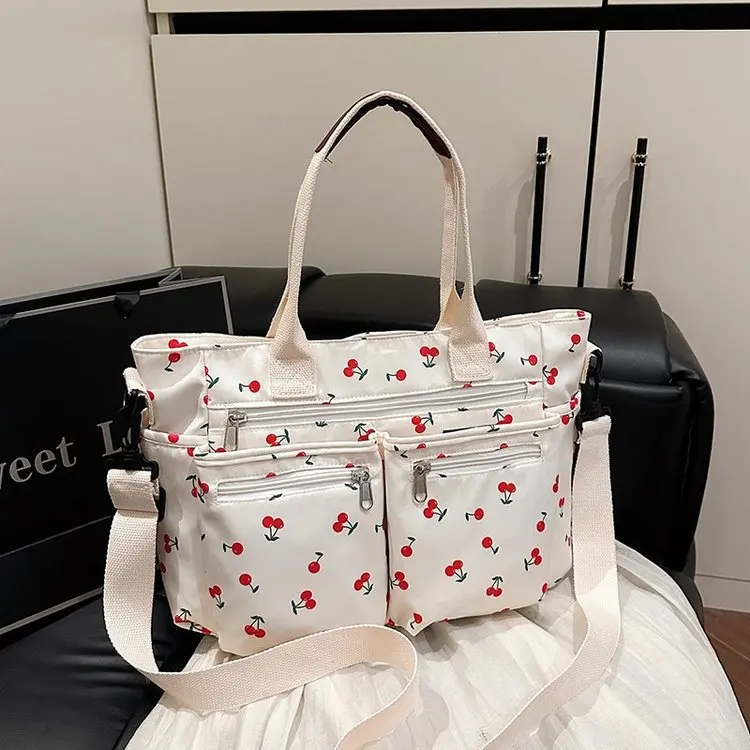 

2025 New Versatile Canvas Student Class Shoulder Bag Korean Simple Printed Cherry Women's Tote Bag
