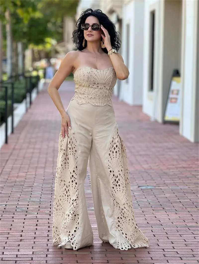 Khaki Women Suit Set 2 Pcs Top Bra+Pants Sexy Strapless Lace Up Back Sleeveless Jacket Formal Wedding Guest Jacket Bridal Coat