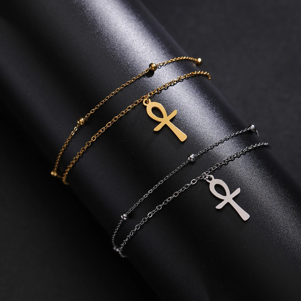 Dawapara Ankh Cross Ankle Bracelet Religious Egyptian Key of Life Cross Bracelet for Men Women Stainless Steel Jewelry