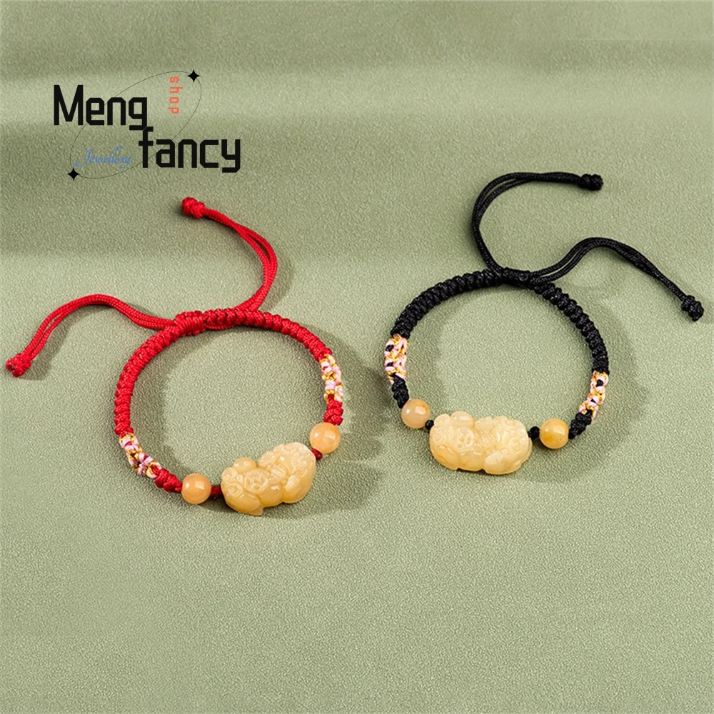

Exquisite Natural Gold Wire Jade Money Pixiu Hand Rope Hand-Woven Peach Blossom Knot Topaz Pixiu Female Jade Bracelet