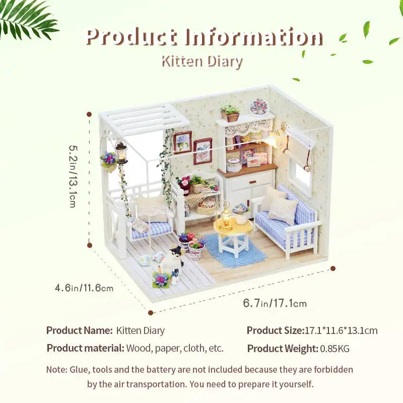 Cutebee DIY DollHouse Kit KItten Diary Miniature Wooden Doll Houses Furniture Kit with Dust Cover for Children Christmas Gift