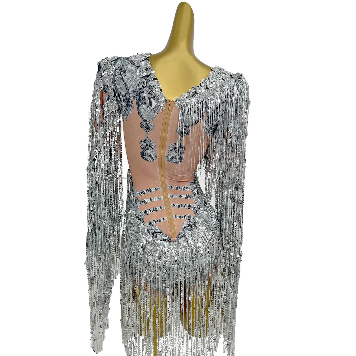 Shining Silver Tight Bodysuit Performance Dance Costume Women Sexy Mesh Stretch Sequins Fringes Nightclub Stage Outfit Liutang