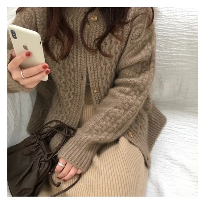 

Мягкий и 100% шерстяной вязаный кардиган для женщин на осень и зиму, высококачественная утолщенная плетеная верхняя одежда, кашемировая куртка