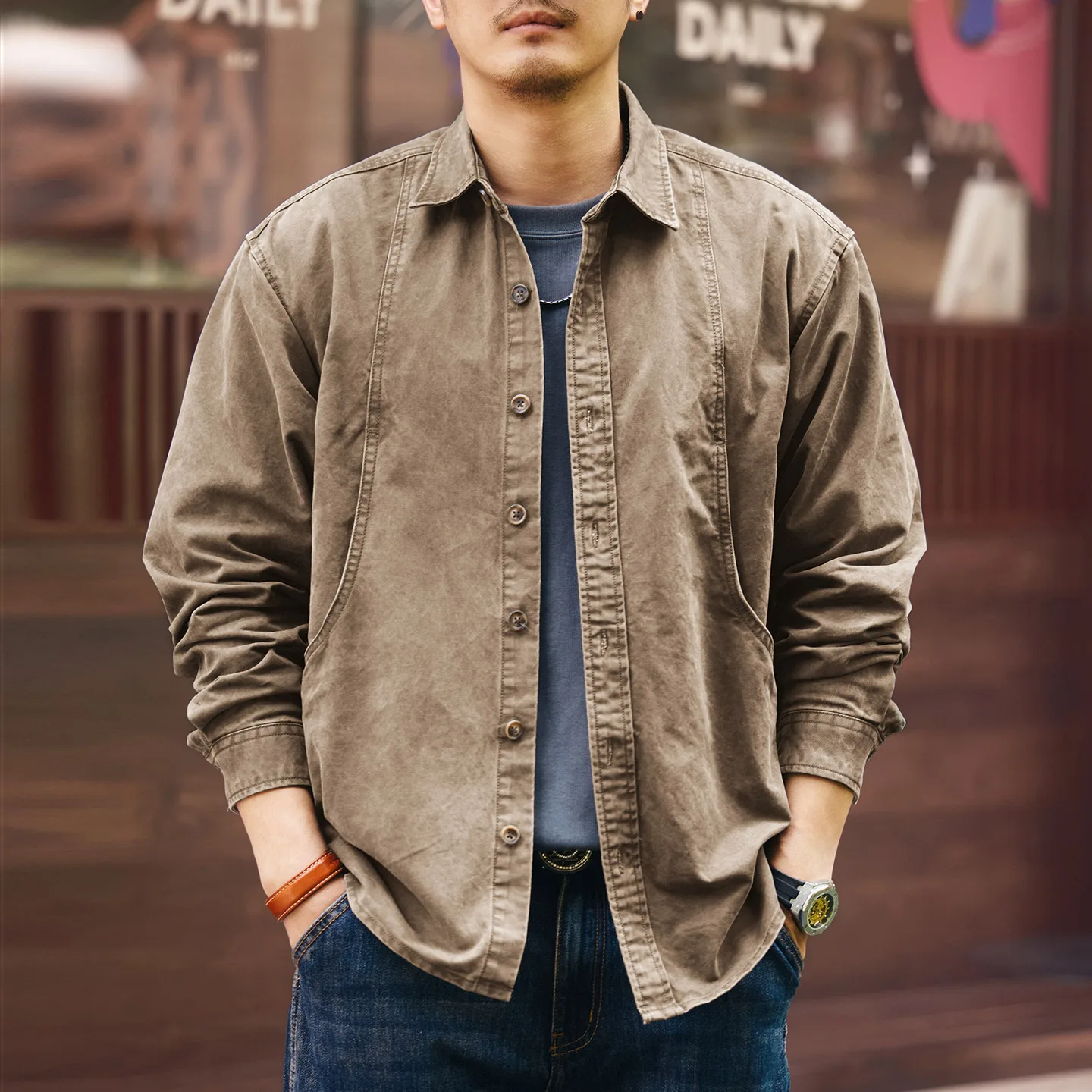 High-end Japanese retro design long-sleeved shirt men's washable casual workwear shirt jacket for spring and autumn