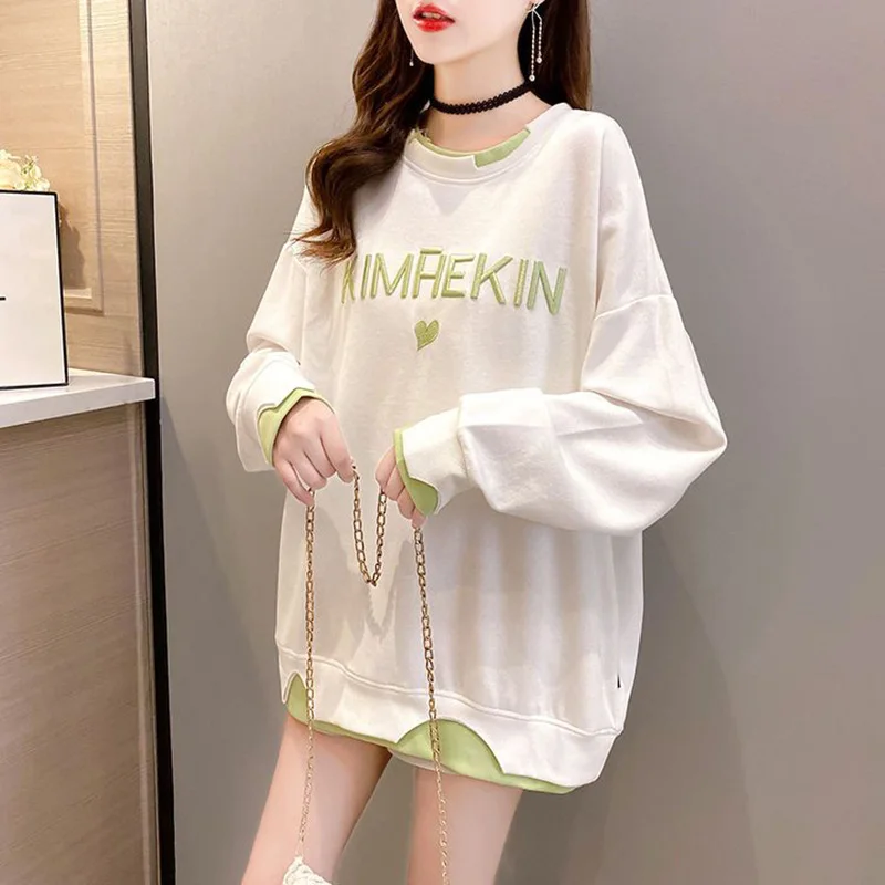 Fashion Embroidery Letter Fake two pieces T-Shirt Female Clothing 2023 Autumn New Oversized Casual Pullovers Loose Korean Tee Sh