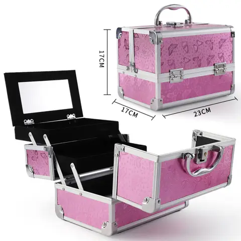 Makeup case with portable aluminum alloy storage box, large capacity, mirror, makeup artist's portable multi-layer tool kit