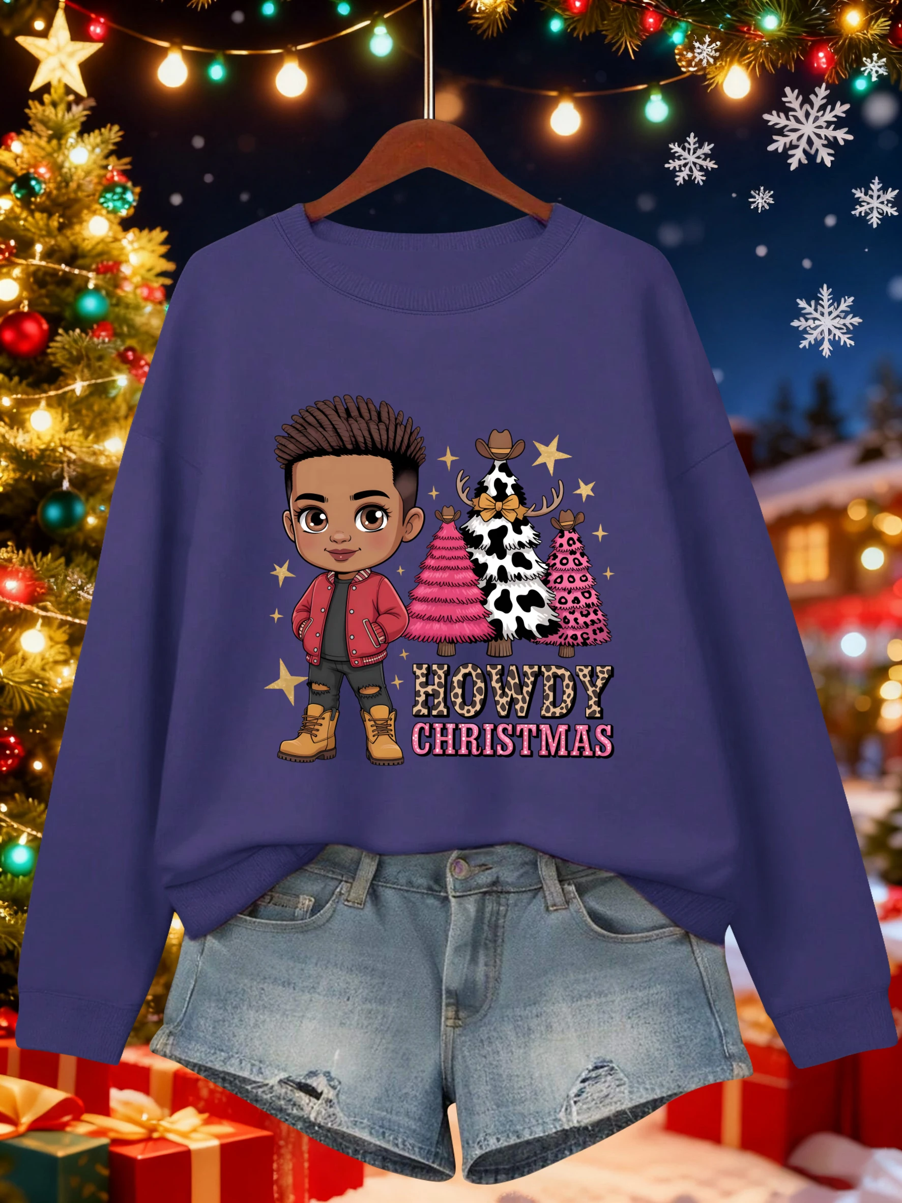 Howdy عيد الميلاد الأشجار الإبداعية يطبع المرأة البلوز Crewneck البلوز Y2K ملابس الصوف غير رسمية الخريف كل مباراة الشارع الشهير