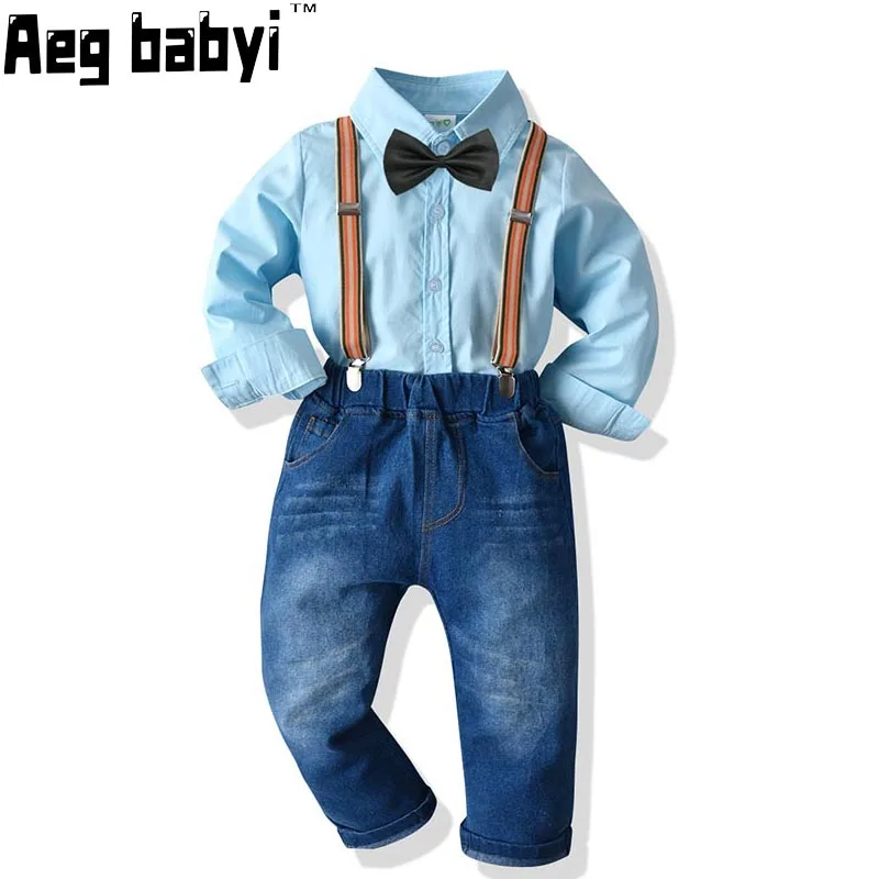 

Boys Clothing Suit Children Gentleman Clothes Long Sleeve Bowtie Shirt + Suspender Jeans 2PCS Set Kids Casual Outfits