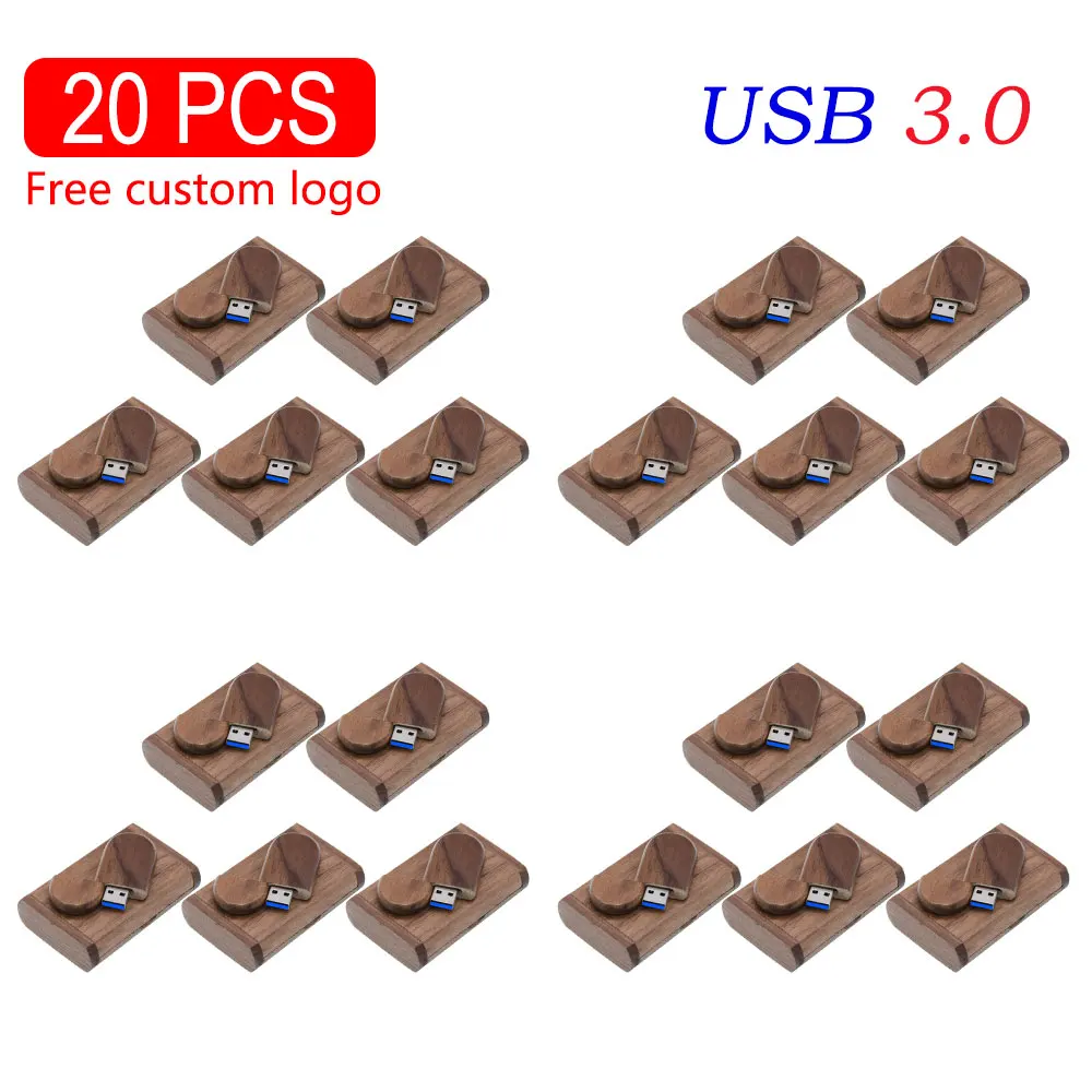 20PCS Free Custom Logo USB 3.0 Flash Drive 128GB Wooden Box Pen Drive 64GB Memory Stick 32GB Creative Wedding Gift Pendrive 16GB