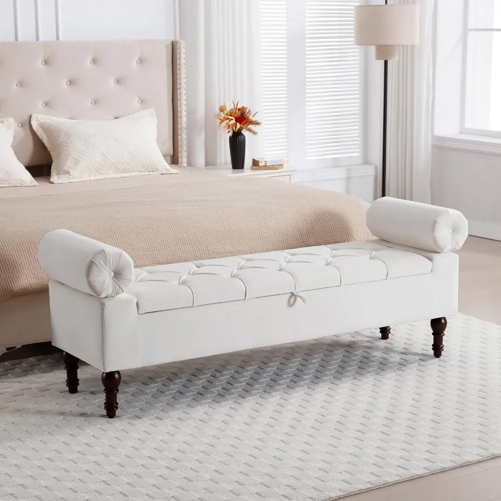 

67'' Storage Bench Upholstered with Tufted Button Adjustable Rolled Arms Velvet End of Bed Bench Storage Bench for Bedroom Livin